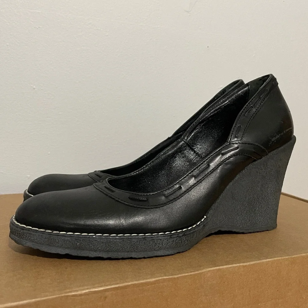 Pierluigi Fantoni‎ Womens Black Leather Slip-On Wedge Pump Heels Size 38